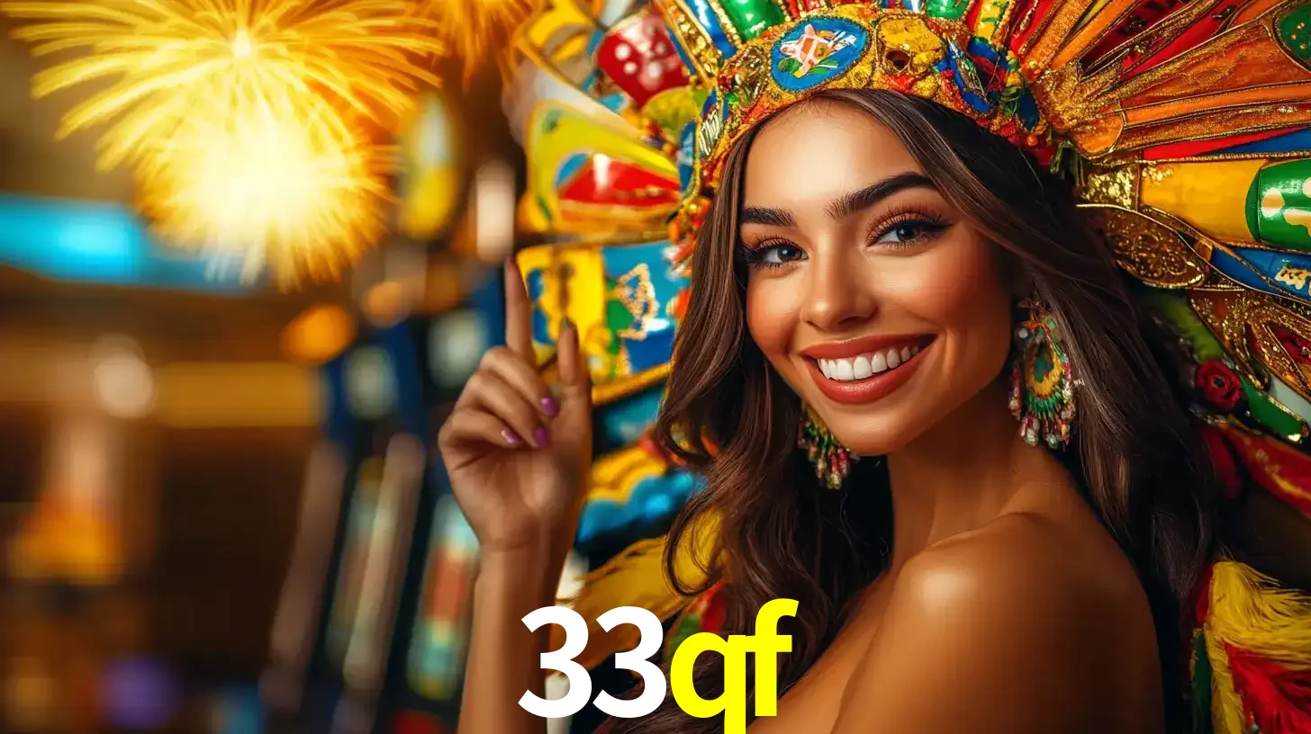 Mulher sorridente com um cocar de carnaval vibrante e colorido, celebrando uma grande vitória nos jogos do cassino 33qf com fogos de artifício ao fundo.