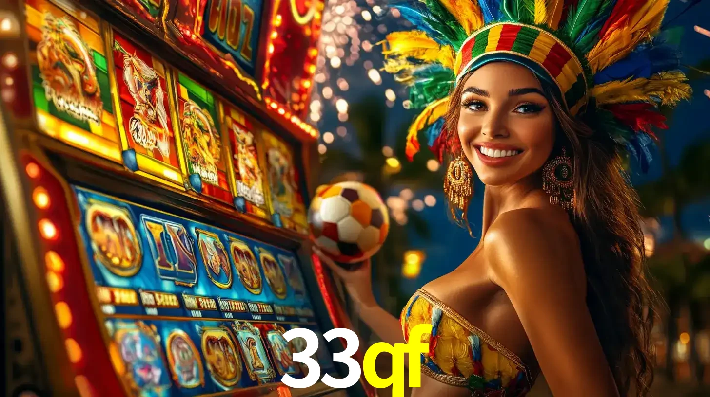 Mulher com um cocar de carnaval ao lado de uma máquina de caça-níqueis enquanto segura uma bola de futebol, mostrando a união da diversão de cassino e esportes no 33qf.