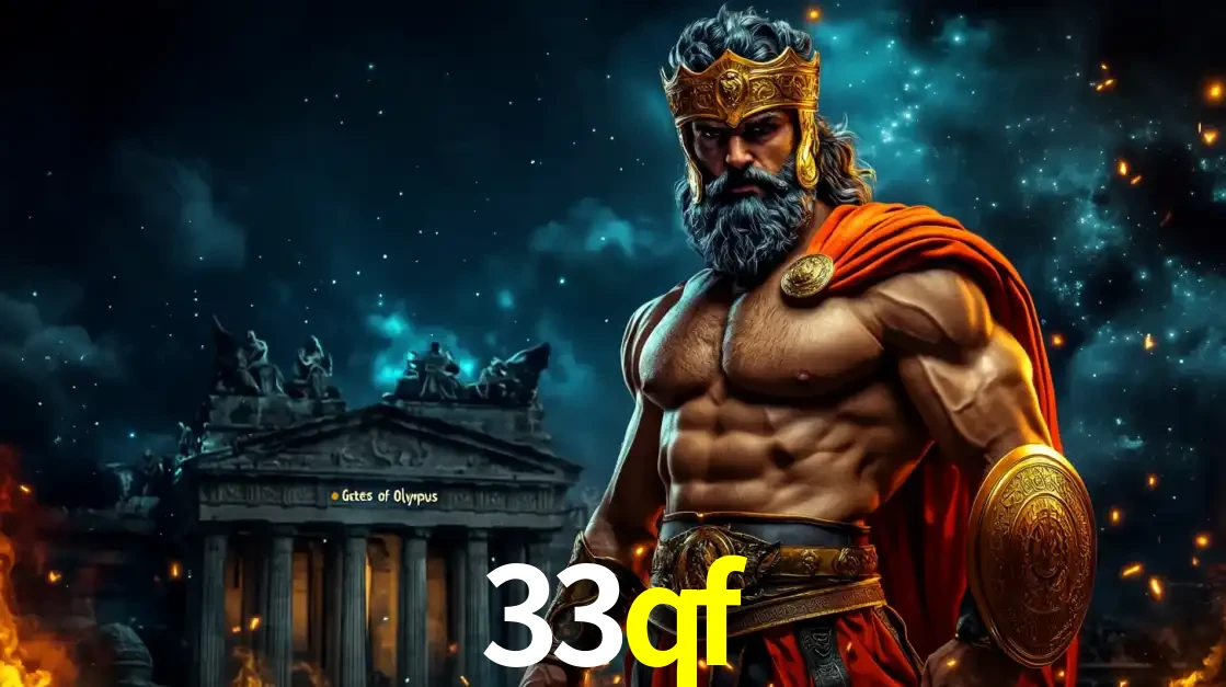 O poderoso Zeus do jogo de slot Gates of Olympus em frente ao seu templo, pronto para lançar multiplicadores divinos e prêmios épicos no cassino online 33qf.