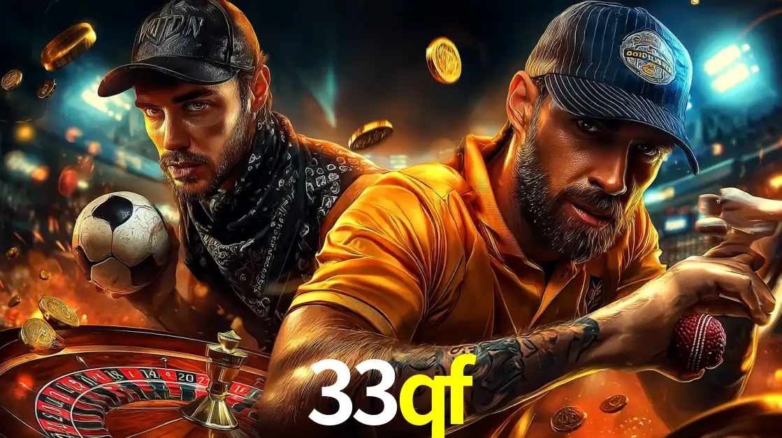 Montagem de apostas esportivas e cassino no 33qf, com um homem segurando uma bola de futebol e outro uma de beisebol sobre uma roleta e moedas voadoras.