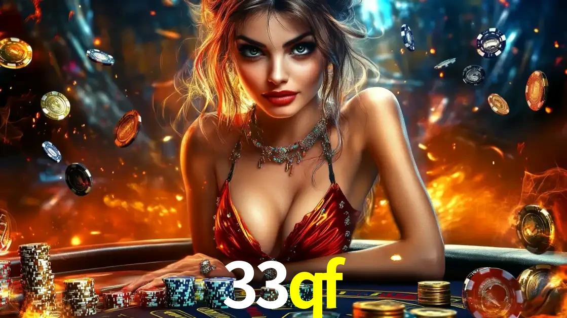 Mulher em uma mesa de cassino com pilhas de fichas e um fundo de fogo, pronta para uma rodada de altas apostas nos jogos de mesa emocionantes do cassino 33qf.