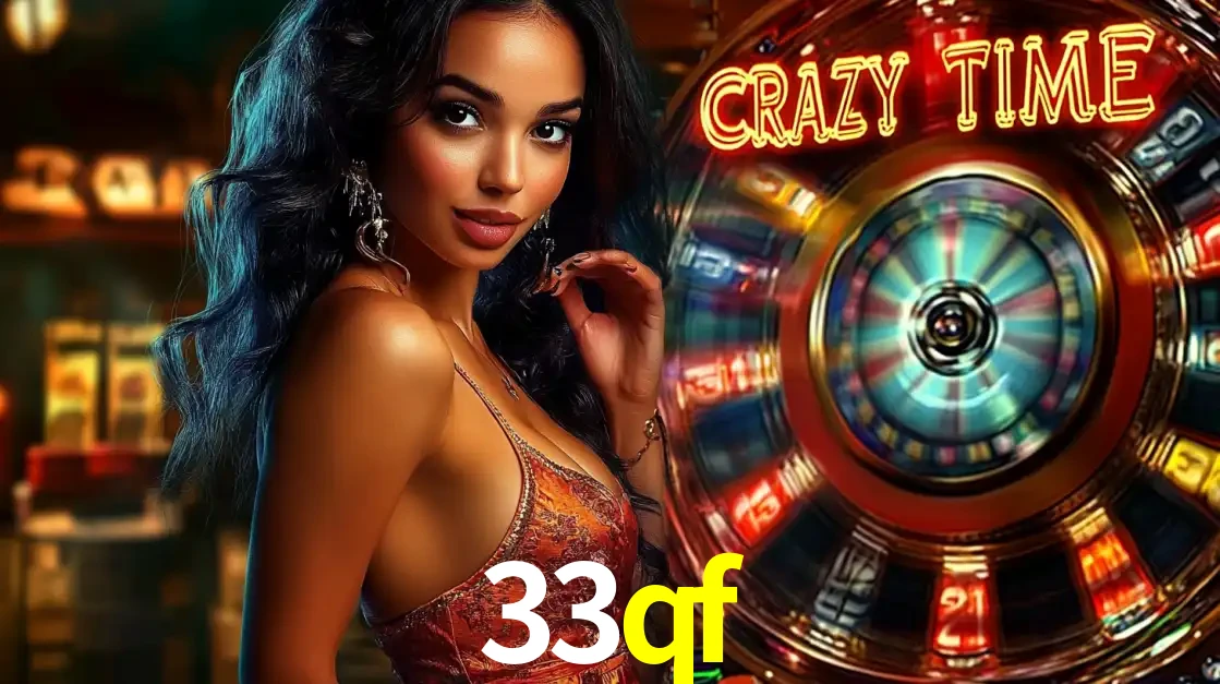 Mulher elegante ao lado da vibrante roda da fortuna do jogo de cassino ao vivo Crazy Time, um dos game shows mais populares e cheios de prêmios do 33qf.
