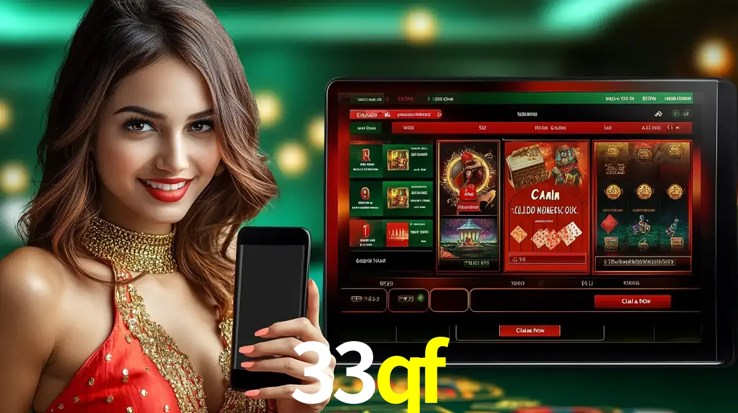 Mulher sorridente segurando um smartphone, ao lado de uma tela exibindo o lobby de jogos do cassino online 33qf, com várias opções de jogos de cartas e slots.